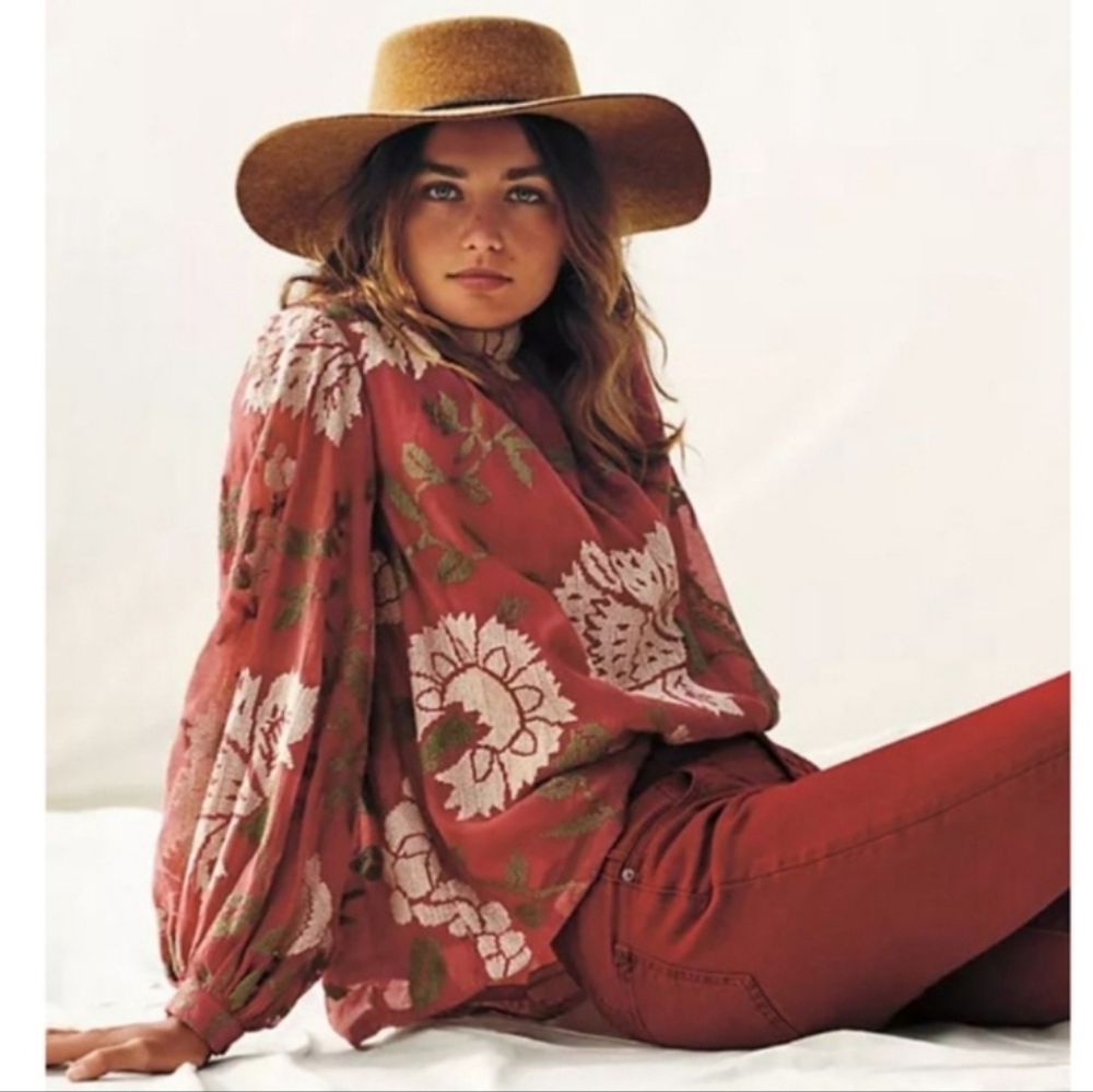 NWOT Boho Fall Colors Long Sleeve Boxy Blouse with Crosstitch Floral Anthro SZ 4